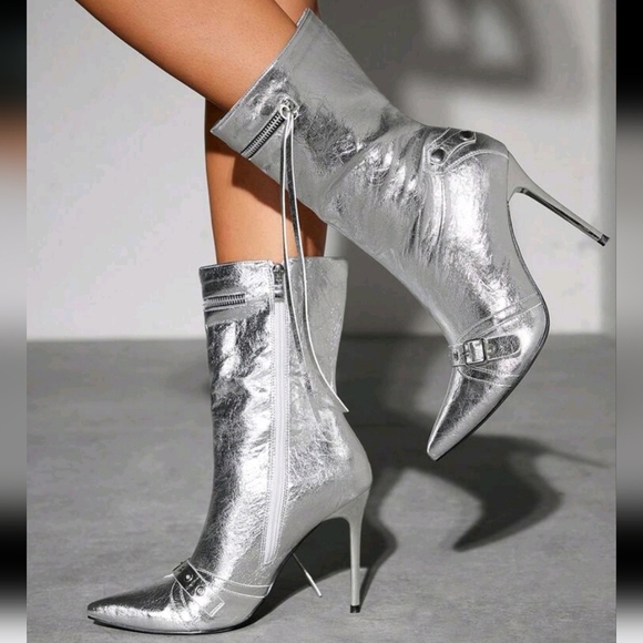 Women's Fashion High Heel Ankle Boots, Party Style,Trendy Silver Mid-Calf Boots - Picture 5 of 6